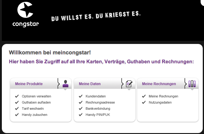 MeinCongstar Login-Seite