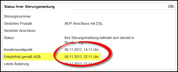 Entstörungszeit endete am 06.11.2013 um 22:11 Uhr.
